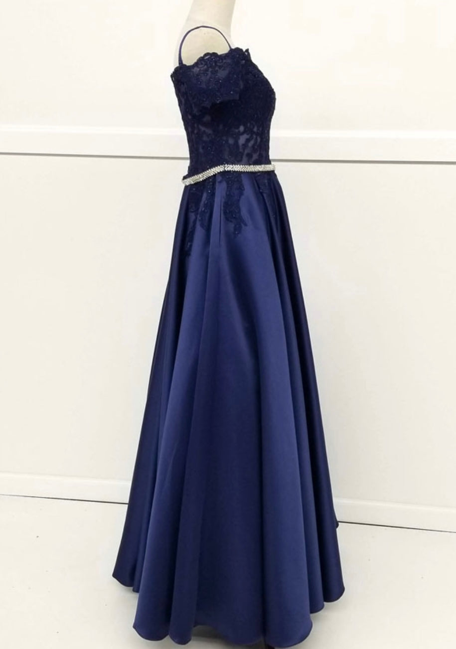 Chicas C7071 Elegant Formal Navy Floor-Length Beaded Embroidered Satin Dress