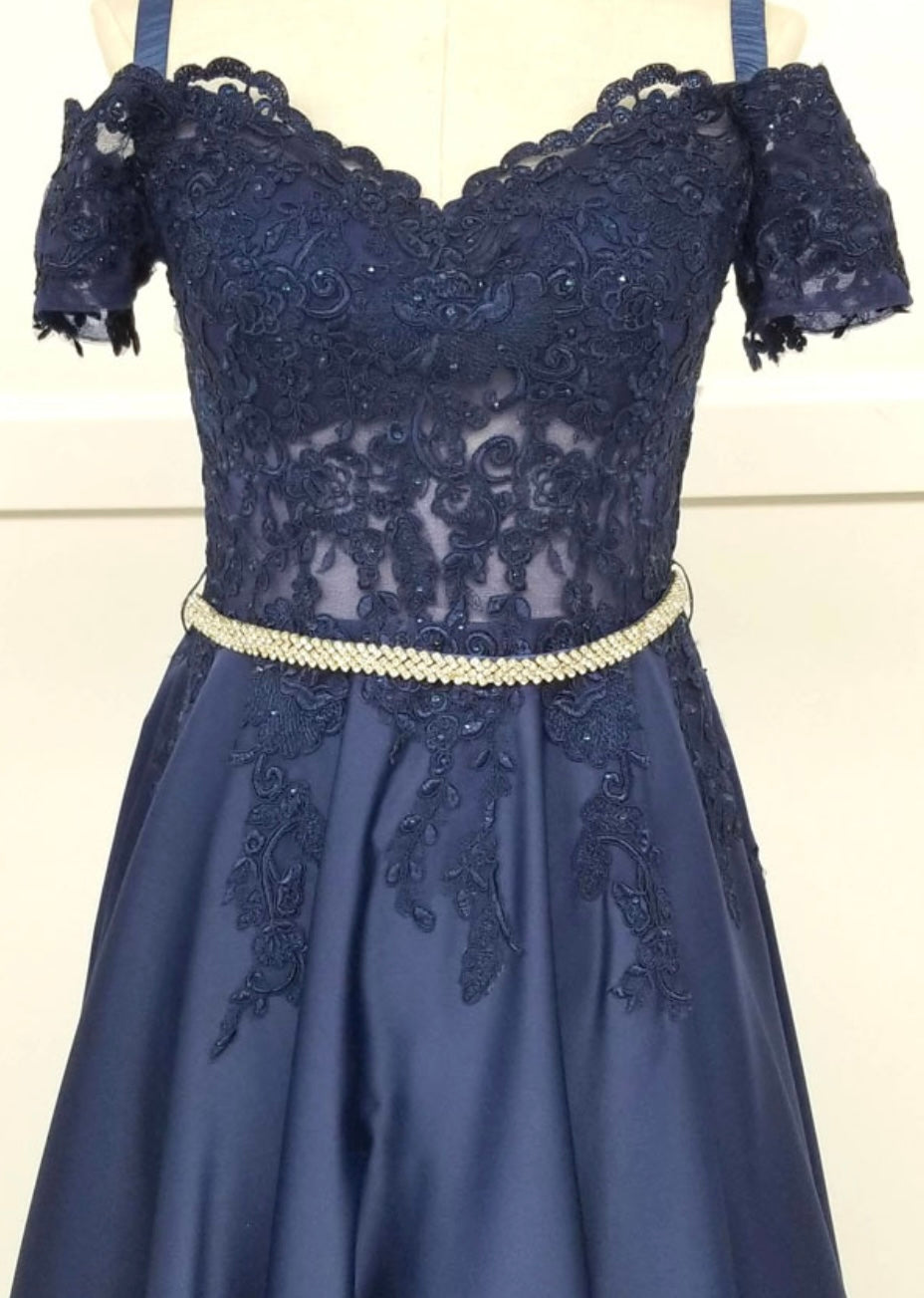 Chicas C7071 Elegant Formal Navy Floor-Length Beaded Embroidered Satin Dress