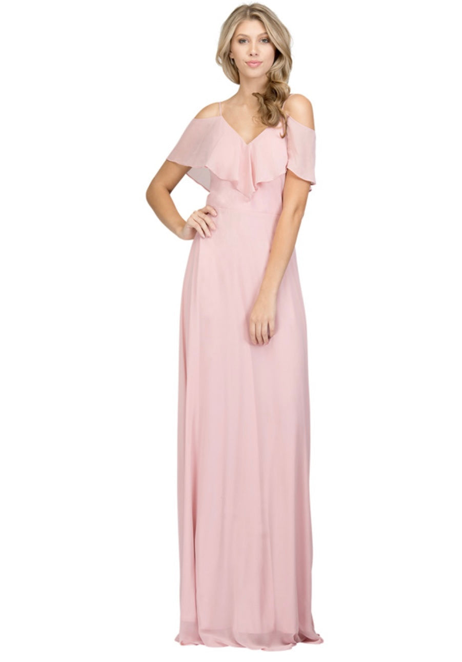Chicas DM4004 Elegant Navy A-Line Spaghetti-Strap Long Ruffled Chiffon Dress