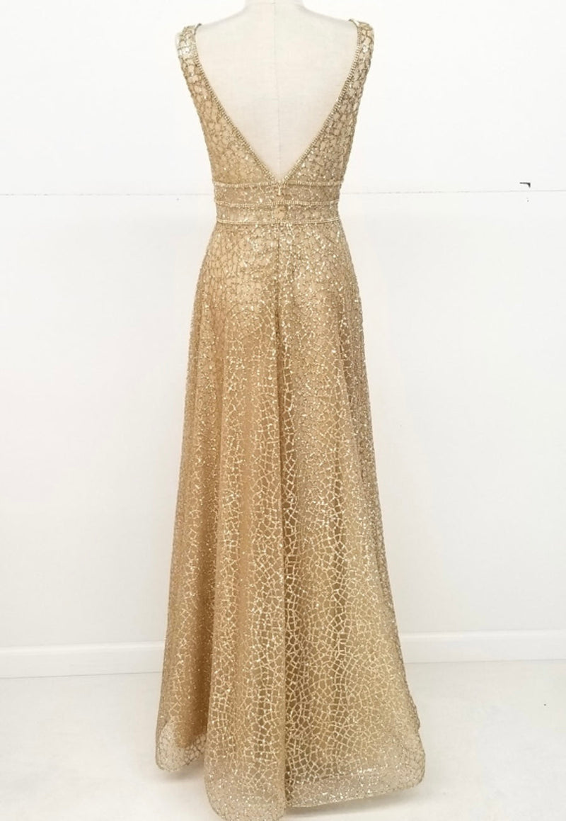 Chicas C7058 Modern Prom Gold A-Line Floor-Length Sequin Fabric Dress