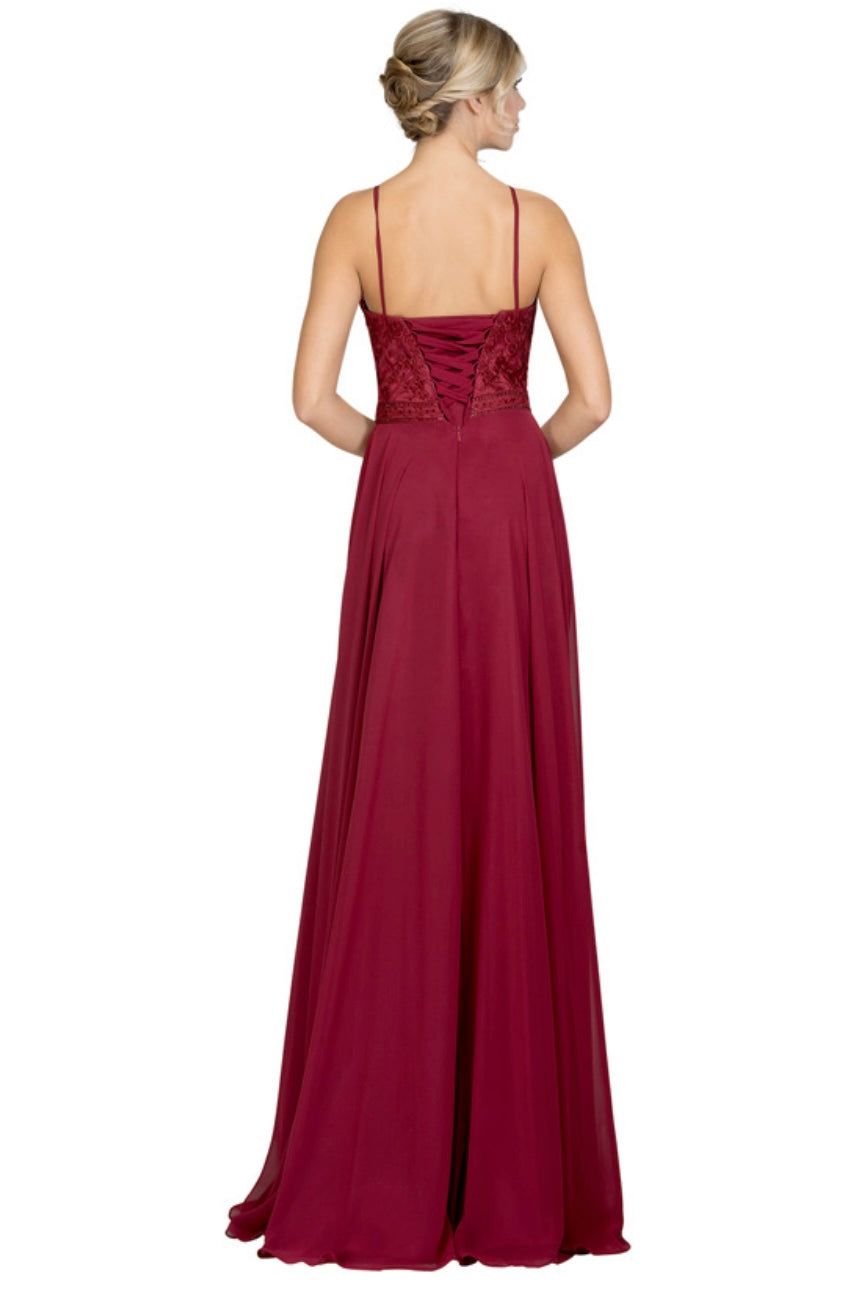 Chicas YG5008 Elegant Evening Halter Long Embroidered Chiffon Dress