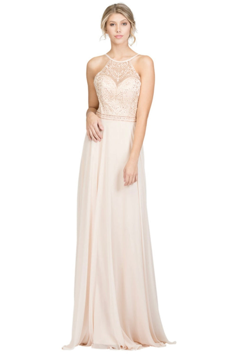 Chicas YG5008 Elegant Evening Halter Long Embroidered Chiffon Dress