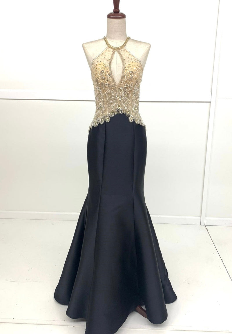 Chicas C9186 Black Mermaid Halter Floor-Length Beaded Satin Dress
