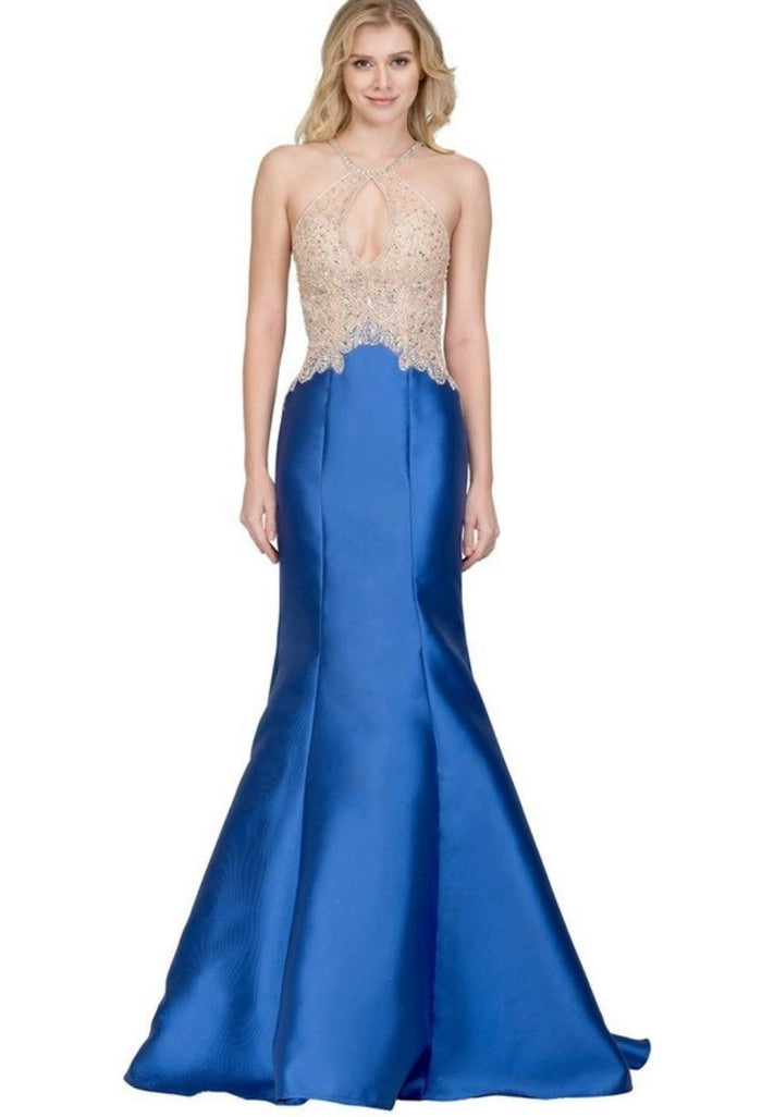 Chicas C9186 Black Mermaid Halter Floor-Length Beaded Satin Dress