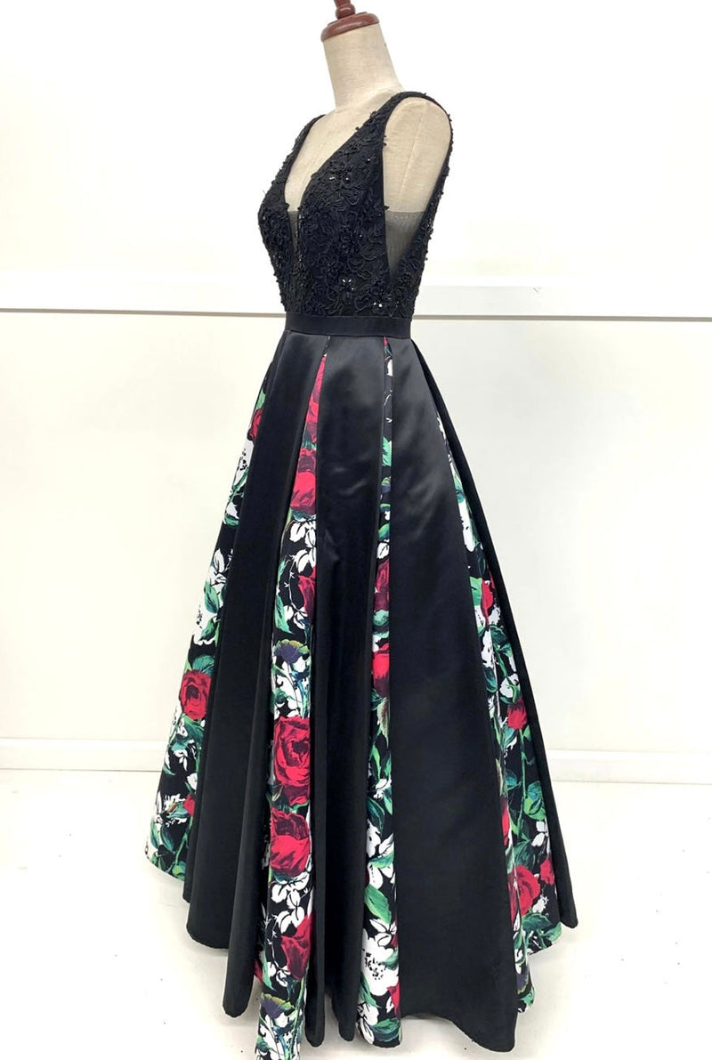 Chicas LM8008 Printed Formal Black A-Line Floral Satin Dress