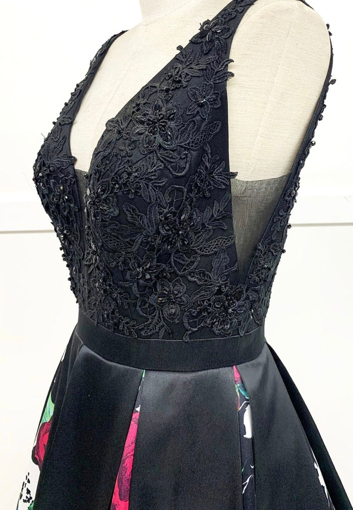 Chicas LM8008 Printed Formal Black A-Line Floral Satin Dress