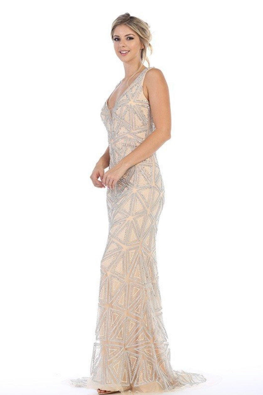 Chicas BT9011 Elegant Formal Navy Floor-Length Strappy Fabric Dress