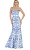 Chicas LM8018 Elegant Printed Formal Blue Mermaid Strapless Fabric Dress