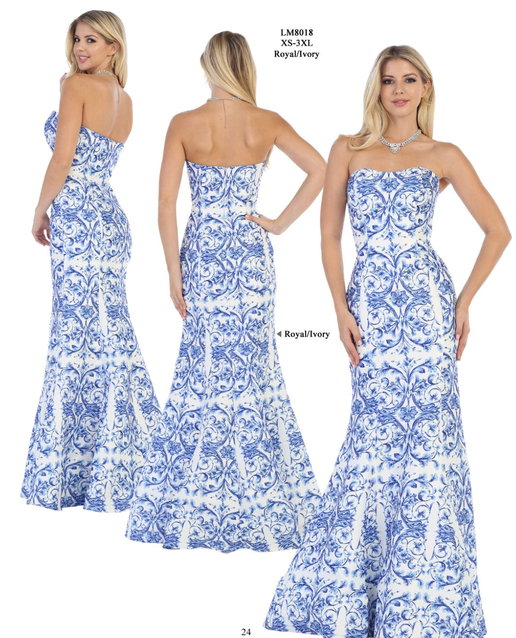 Chicas LM8018 Elegant Printed Formal Blue Mermaid Strapless Fabric Dress