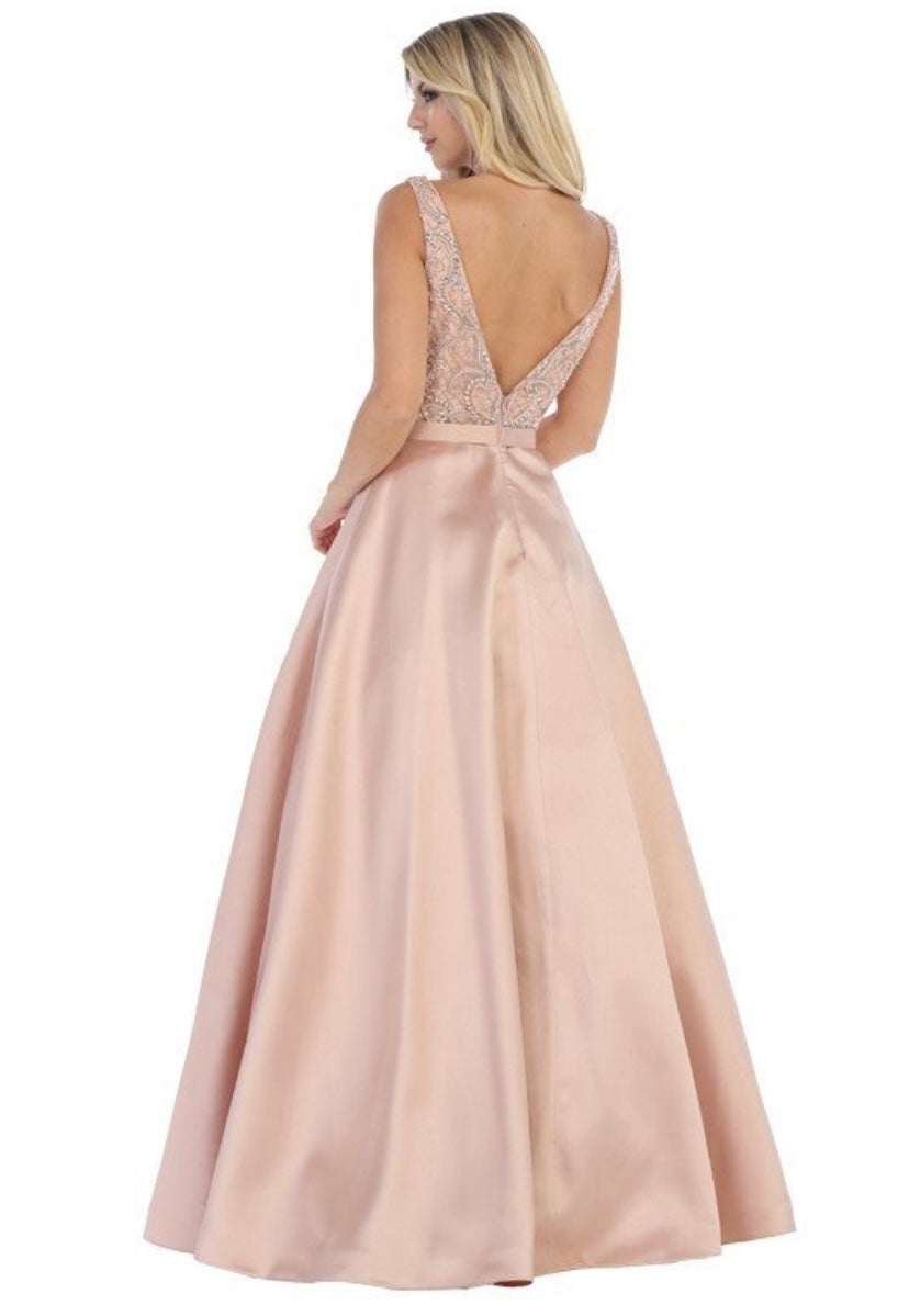 Chicas CC3022 Elegant Formal Ivory BallDress Illusion Floor-Length Satin Dress