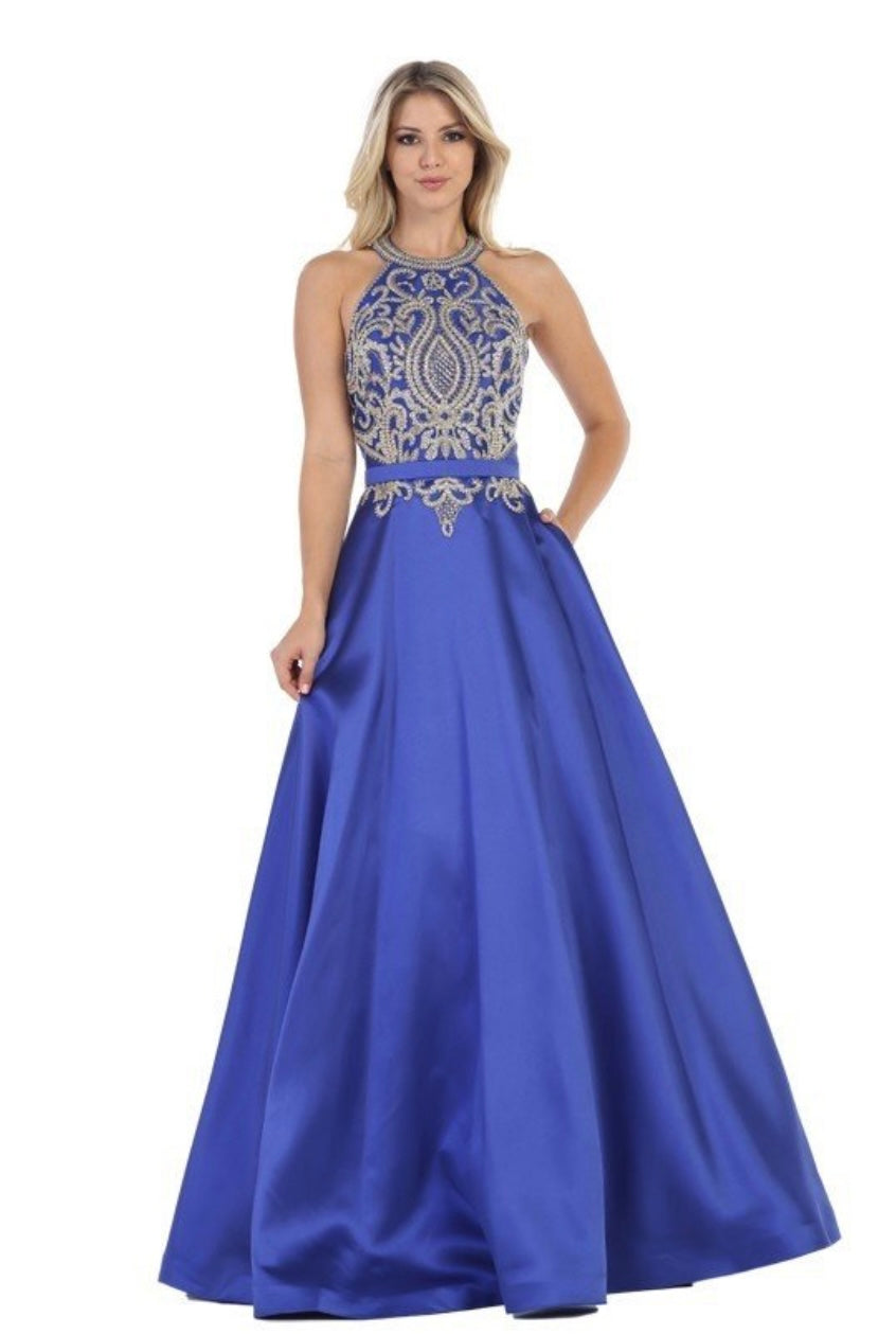 Chicas CC3025 Evening Royal A-Line Halter Floor-Length Satin Dress