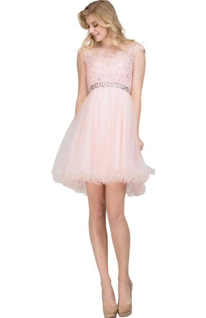 Chicas YG5007 Romantic Printed Illusion Floral Short Beaded Tulle Dress