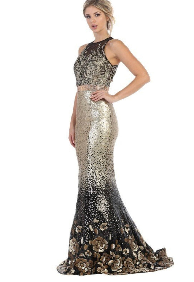 Chicas DR7005 Printed Metallic Evening Black Mermaid Illusion Fabric Dress