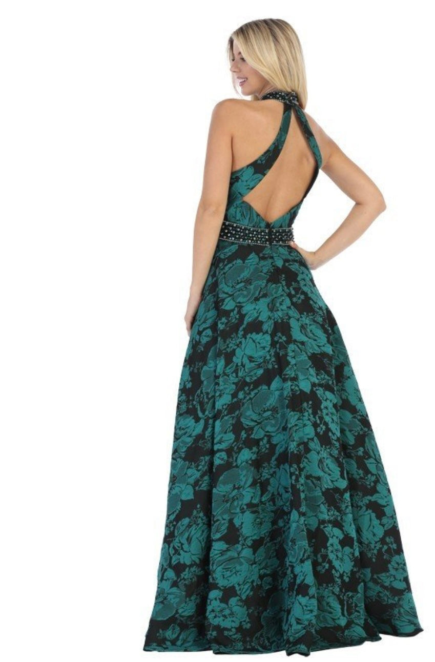 Chicas SD3002 Printed Evening Royal A-Line Halter Fabric Dress
