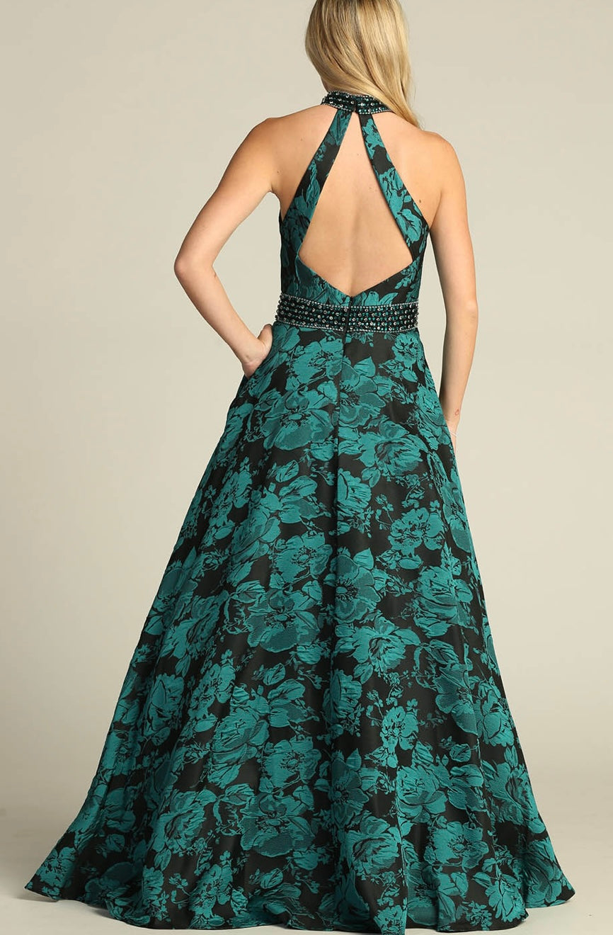 Chicas SD3002 Printed Evening Royal A-Line Halter Fabric Dress