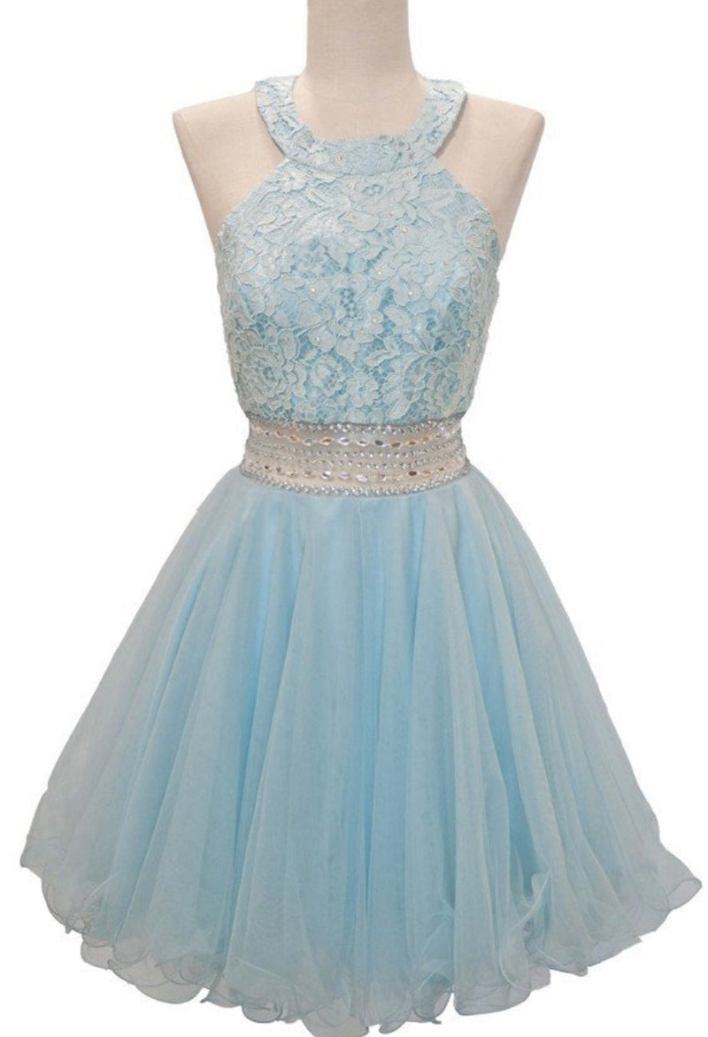Chicas C3263 Party Blue Halter Short Beaded Style Tulle Dress
