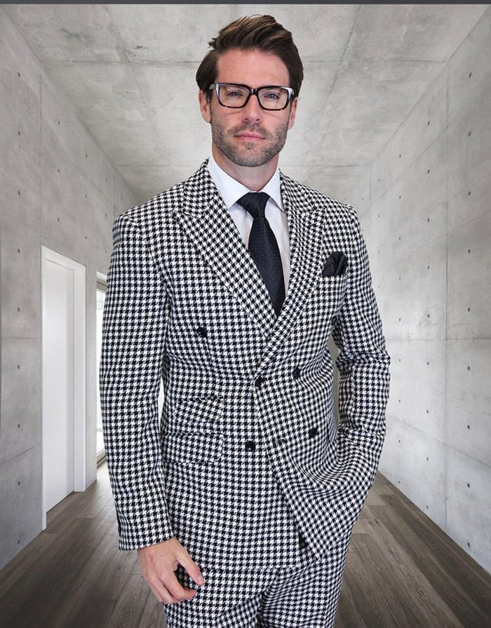 Men’s Black & White Houndstooth Double Breasted Wool Suit – 2 Piece Modern Fit Peak Lapel Suit