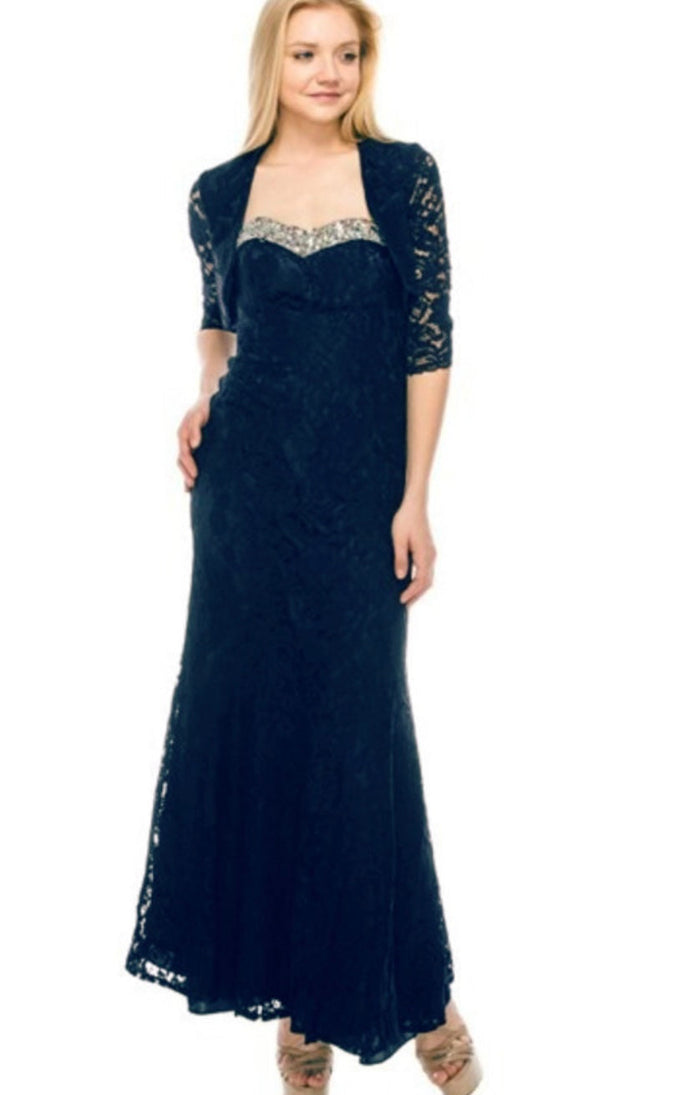 Chicas BK4801 Elegant Evening Navy Fit-and-Flare Sweetheart Floor-Length Lace Dress