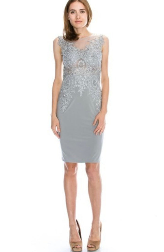 Chicas C7801 Cocktail Black Illusion Embroidered Appliqué Mesh Dress