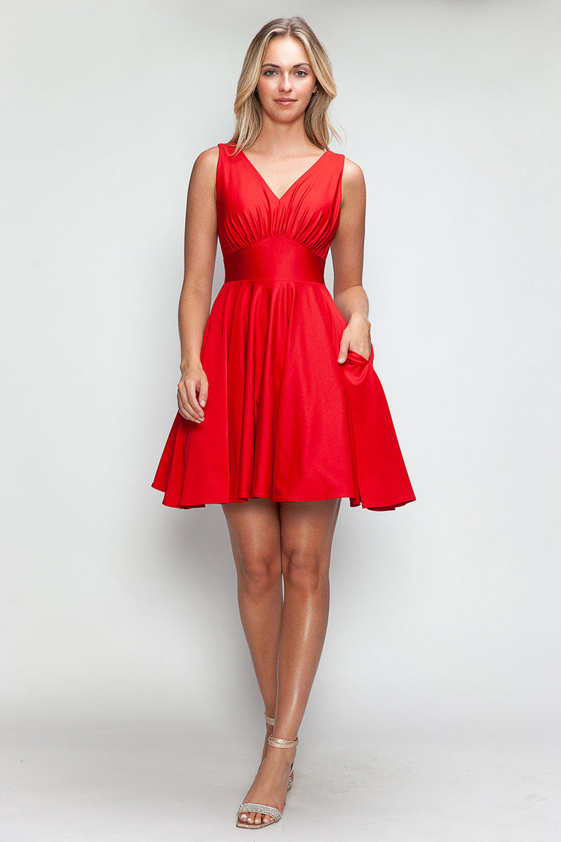 Short V-Neck Satin A-Line Dress with Pockets by Perrty 3090