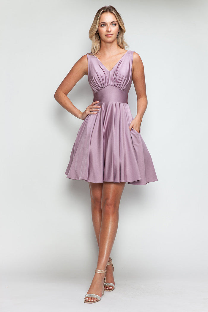 Short V-Neck Satin A-Line Dress with Pockets by Perrty 3090