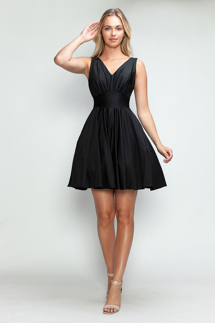 Short V-Neck Satin A-Line Dress with Pockets by Perrty 3090