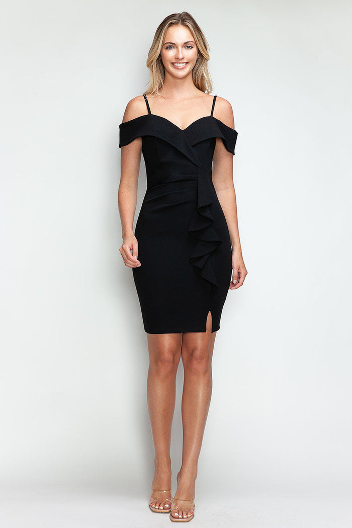Lenovia 3097 Short Cold Shoulder Techno Crepe Ruffle Dress