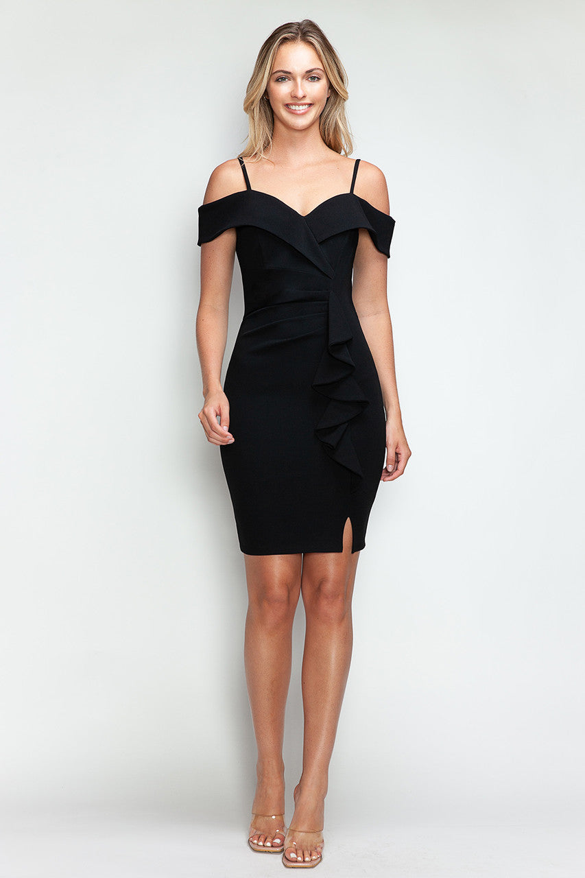 Lenovia 3097 Short Cold Shoulder Techno Crepe Ruffle Dress