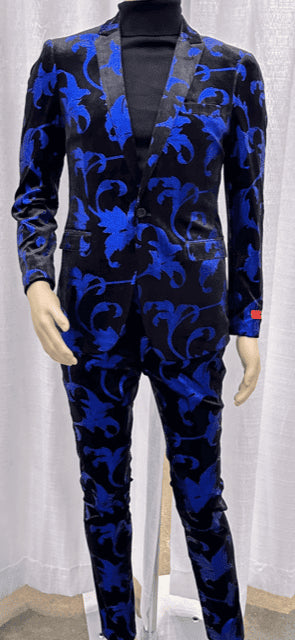 Mens Paisley Suit - Black and Royal Blue Floral Suit - Prom Party Suit