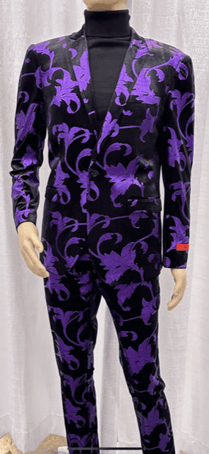 Mens Paisley Suit - Black and Purple  Floral Suit - Prom Party Suit