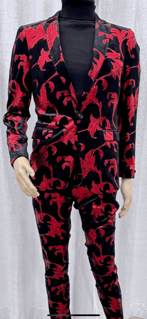 Mens Paisley Suit -Black and Red  Floral Suit - Prom Party Suit