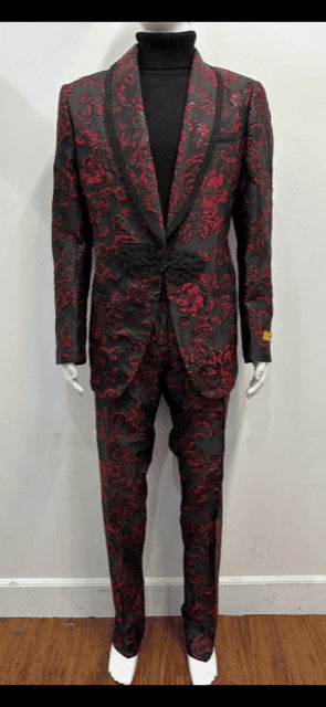 Mens Black and Red Suit - Floral Prom Suit + Matching bowtie