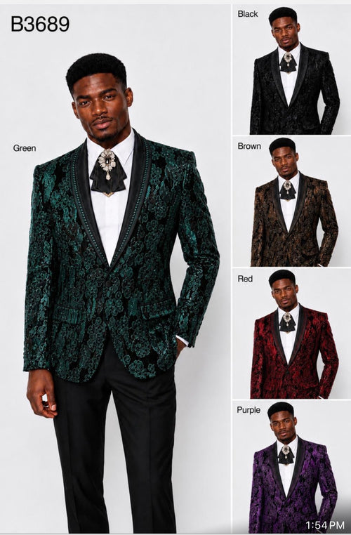Men's green, black, brown, red and purple floral sequin blazers