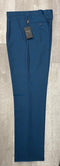 Tiglio Luxe 2521 comfort fit pants with a straight leg and 18-inch length. Solid teal blue with a smooth, slightly sheen fabric. Single front pleat, pocket, button detail, and waistband. Tag attached.