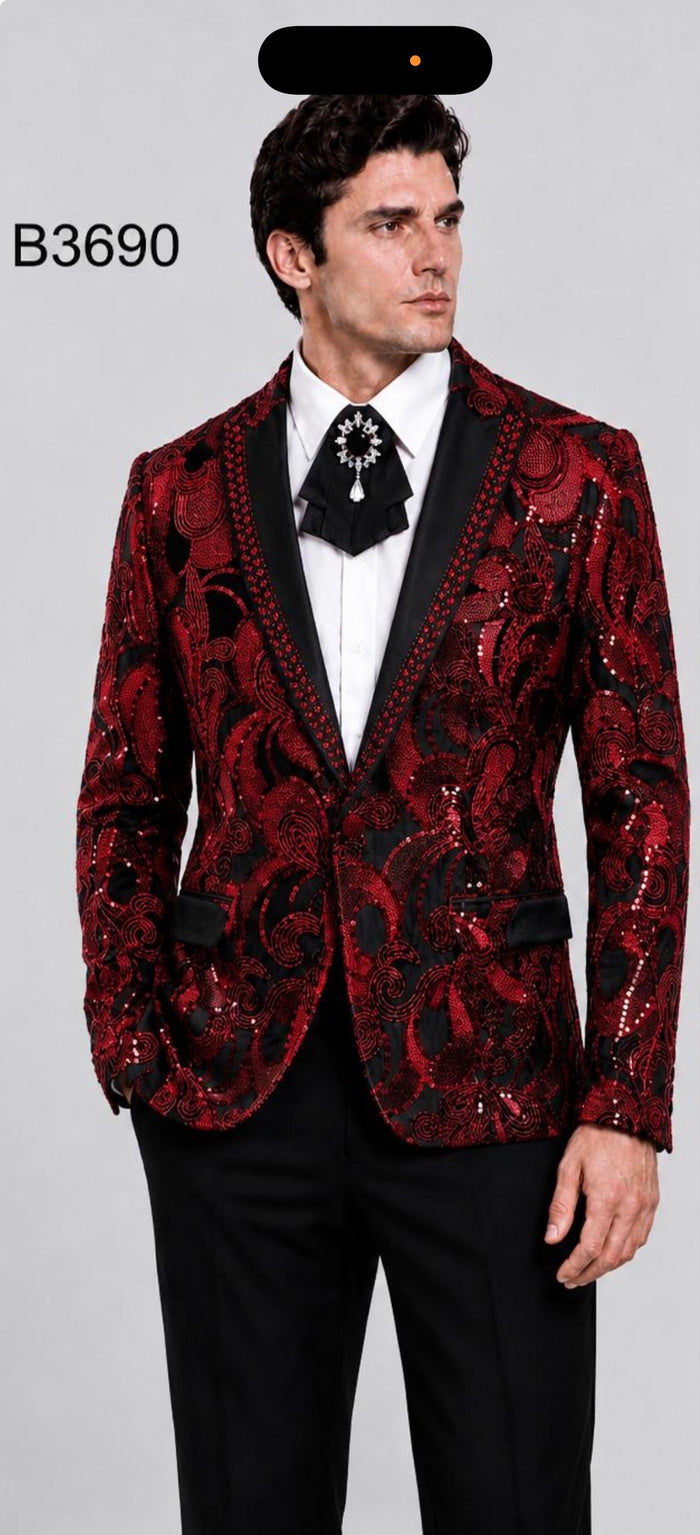 Mens Sequin Christmas Holiday Blazer – Luxury Party Jacket for New Year Jacket Sparkly Dinner Jacket in color "Burgundy Red & Black Floral"