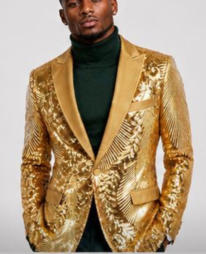 Mens Sequin Christmas Holiday Blazer – Luxury Party Jacket for New Year Jacket Sparkly Dinner Jacket in color "Gold"