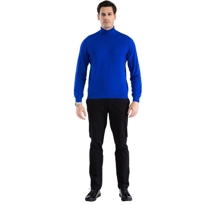 Men's indigo turtleneck sweater by Alberto Nardoni. Fitted, long-sleeved, high-collared. Solid, vibrant blue knit with ribbed cuffs/hem. Plain design.
