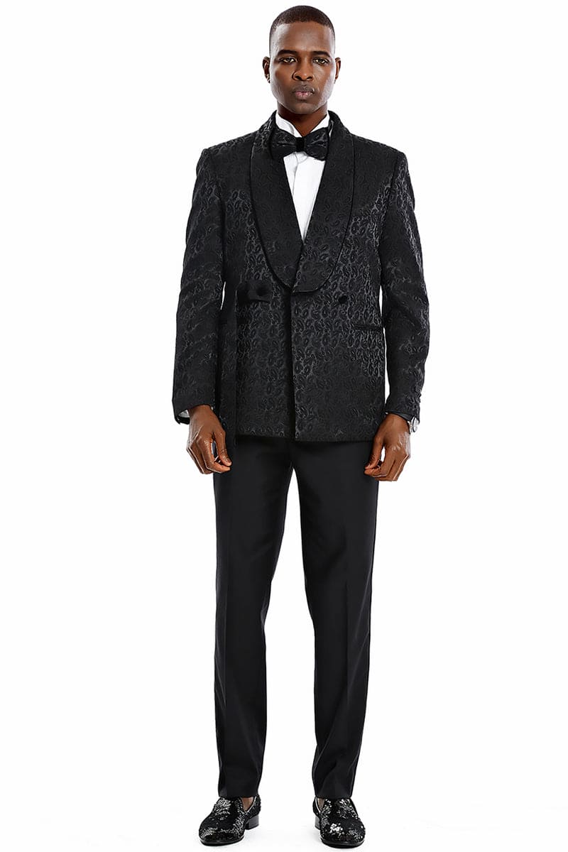 "Men's Slim Fit Double Breasted Black Paisley Tuxedo - Prom 2026 & Wedding Smoking Jacket"
