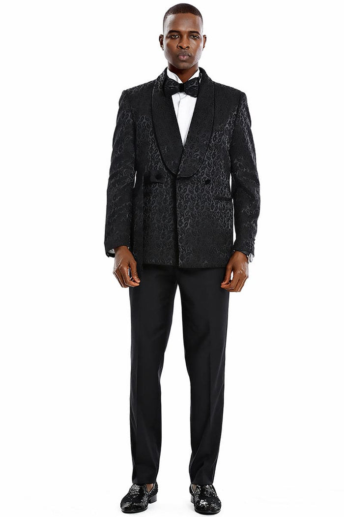 "Men's Slim Fit Double Breasted Black Paisley Tuxedo - Prom 2026 & Wedding Smoking Jacket"