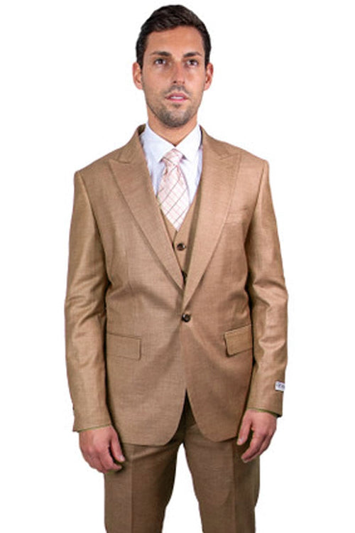 Mens Stacy Adams Suit - Stacy Adams Suit Men's Sharkskin Suit - Taupe, One Button Peak Lapel Vested
