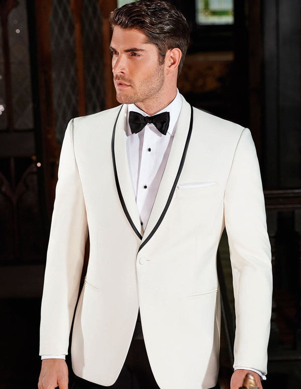 Mens Designer Charles Shawl Dinner Jacket in Ivory with Black Trim