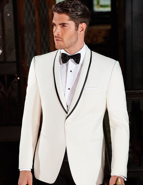 Mens Designer Charles Shawl Dinner Jacket in Ivory with Black  Satin  Trim