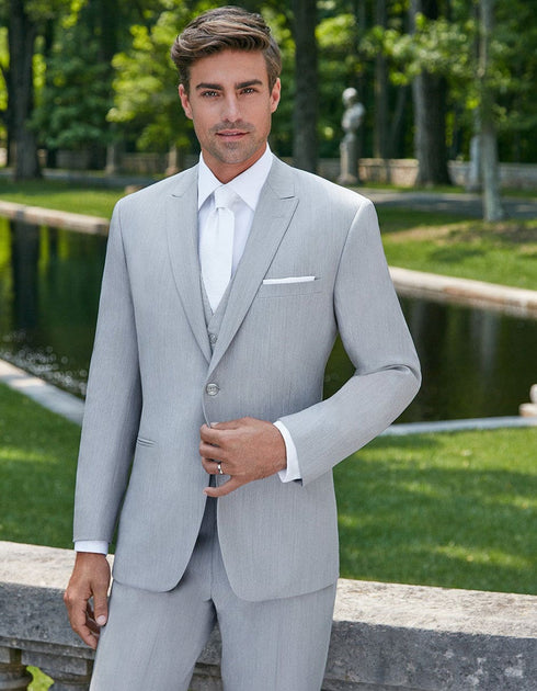 Mens Grey Suit Mens Designer 2 Button Peak Lapel Grenada Prom Tuxedo Suit in Light Grey