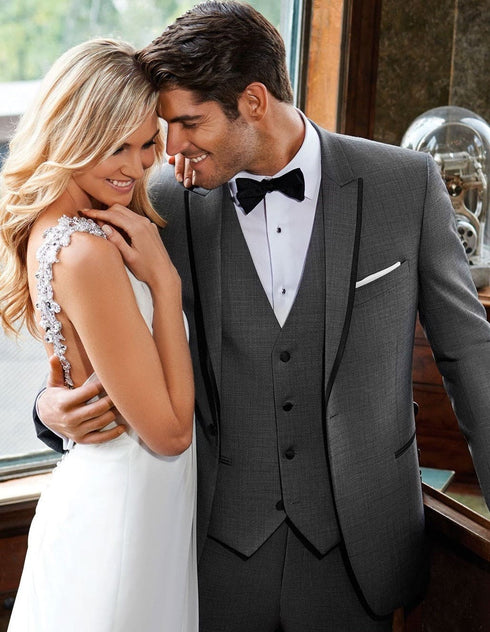 Grey Prom Suit - Gray Wedding Suit - Gray Tuxedo Mens Designer Oscar Grey Peak Trim Tuxedo in Grey