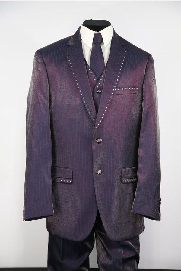 Mens Cheap Purple Suit Mens Vested Mettalic Stripe Suit in Purple with Metal Studs