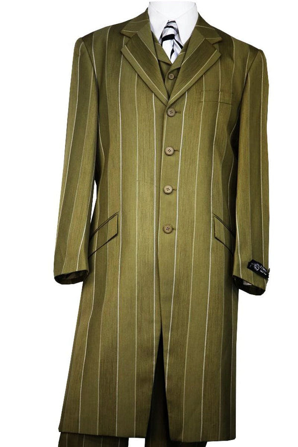 Mens Vested Maxi Length Fashion Zoot Suit in Olive Pinstripe