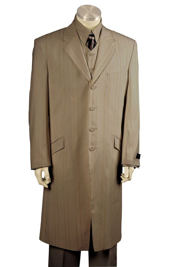 Mens Vested Long Maxi Length Fashion Zoot Suit in Taupe Pinstripe