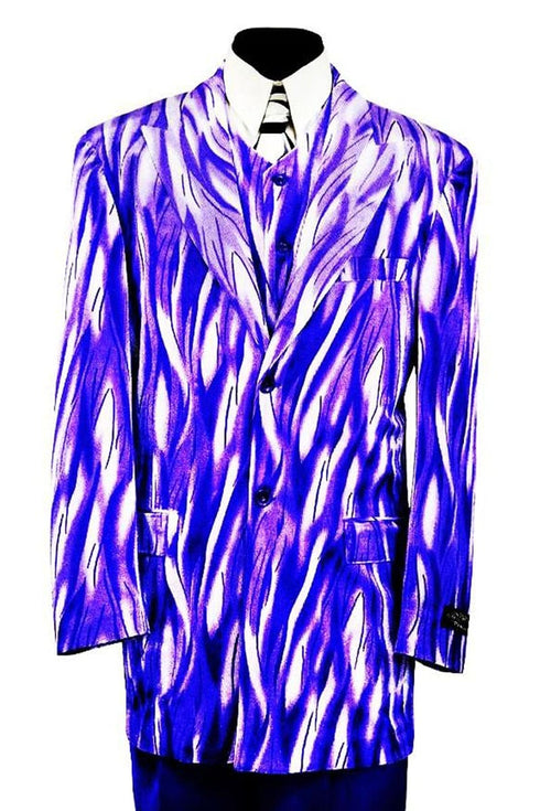 Mens Cheap Purple Suit Mens Vested Feather Print Fashion Suit in Purple