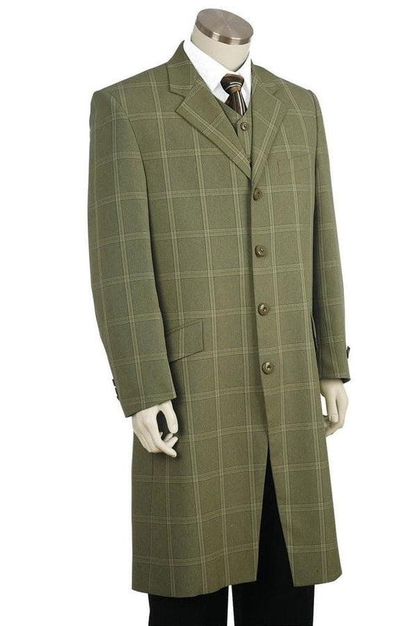 Mens Long Vested Fashion Zoot Suit in Olive Green Windowpane