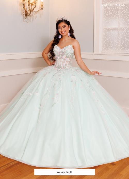 Strapless Quinceañera Ball Gown Floral Lace Corset Tulle Princess Dress by Rachel Allan RQ9000